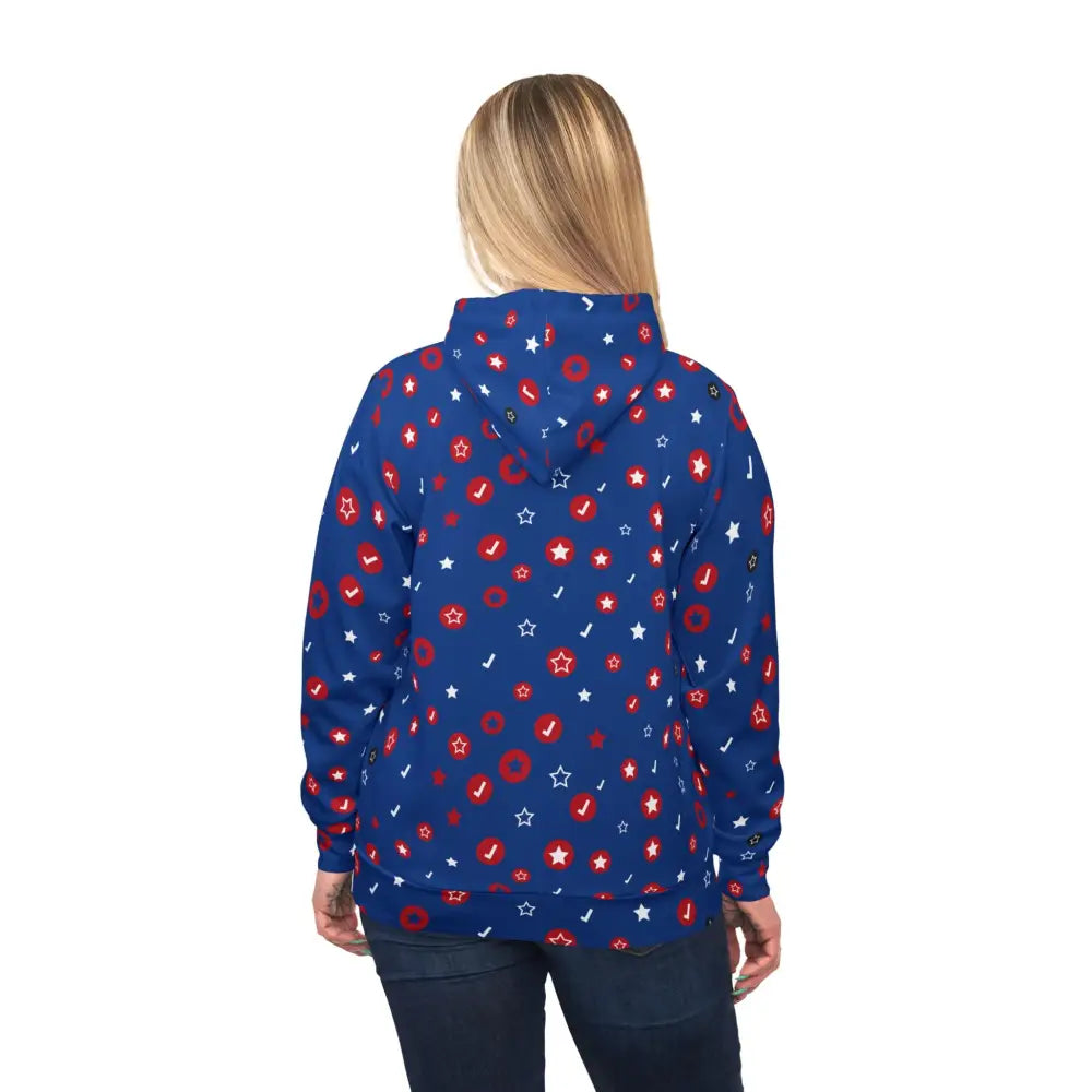 Blue Hoodie with Red and White Patterns from PixiOnyx Orbit Pop Cosmic Corewear