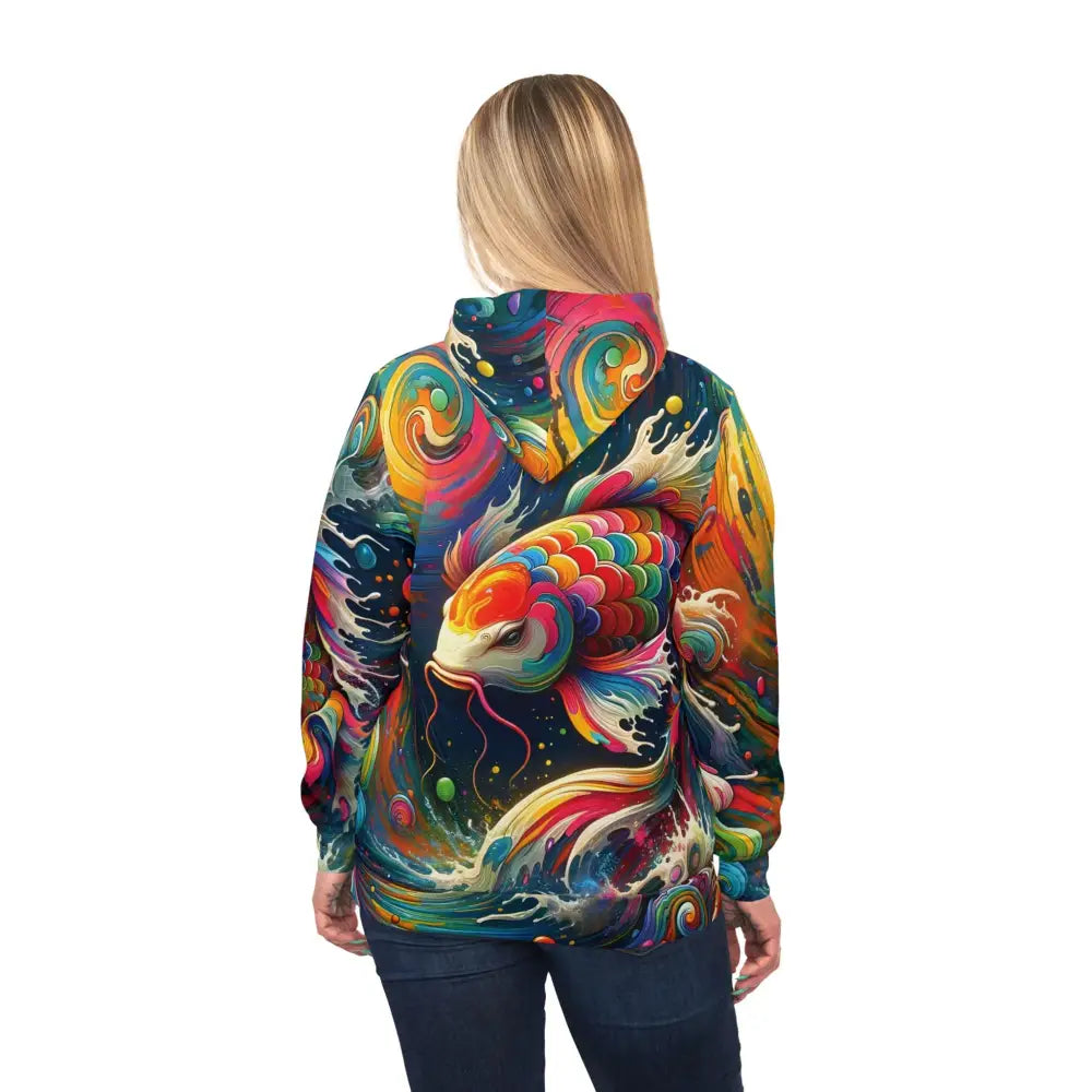 Colorful koi fish hoodie from PixiOnyx Vortex Streetwear Pulse, unisex rainbow design