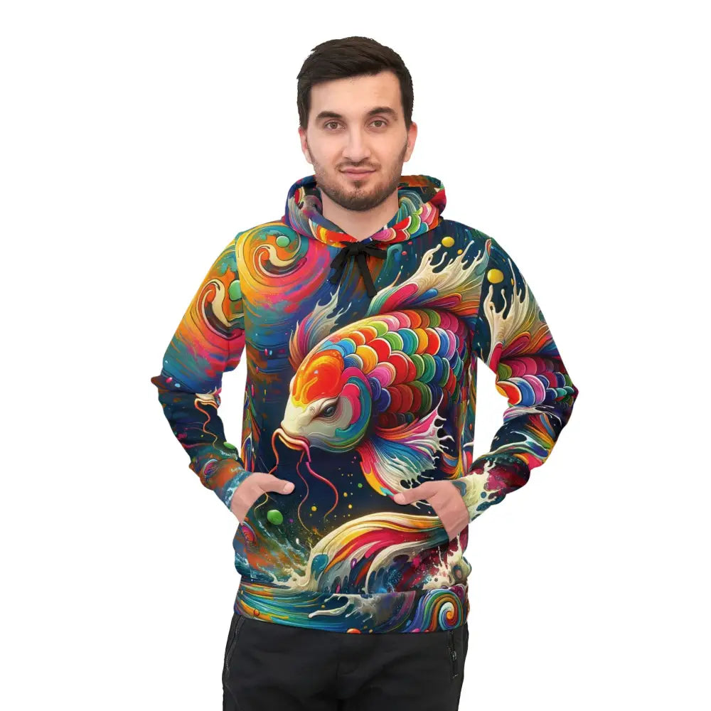 Colorful koi fish hoodie displayed in Unisex Hoodie Rainbow Koi PixiOnyx Vortex Streetwear Pulse