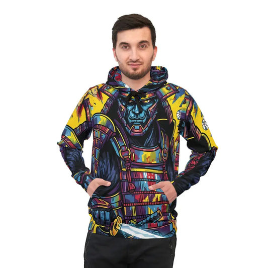 Men’s colorful Samurai Splash hoodie showcasing drip meets discipline style from PixiOnyx Streetcore