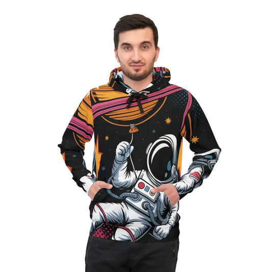 Men’s black hoodie featuring surreal skies meet streetwear Saturn Balloon astronaut graphic