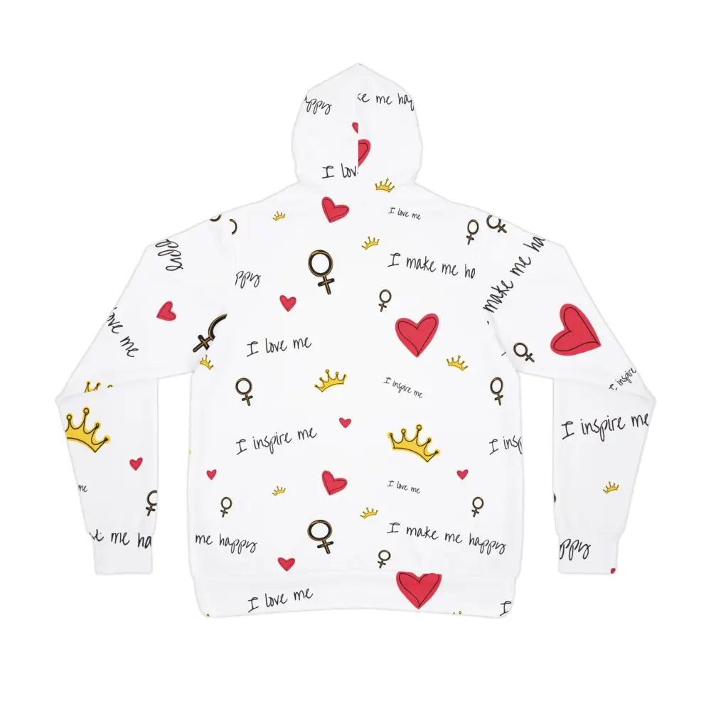 White hoodie with hearts crowns and feminist symbols from PixiOnyx Empowercore Drop