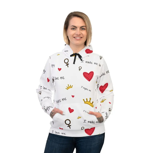 White hoodie with hearts crowns and female symbols from PixiOnyx Empowercore Drop