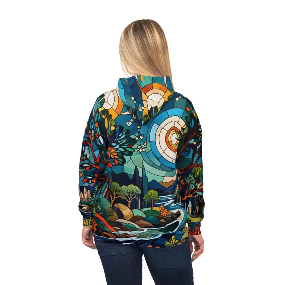 Colorful stained-glass-style hoodie from Unisex Hoodie Stained Horizon Psychedelic Abstract Naturewear