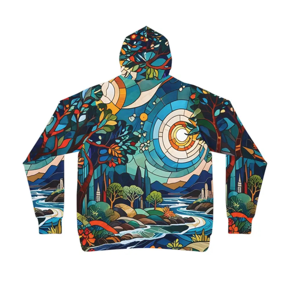 Artistic stained-glass-style hoodie from PixiOnyx Prism Realms Unisex Hoodie Stained Horizon