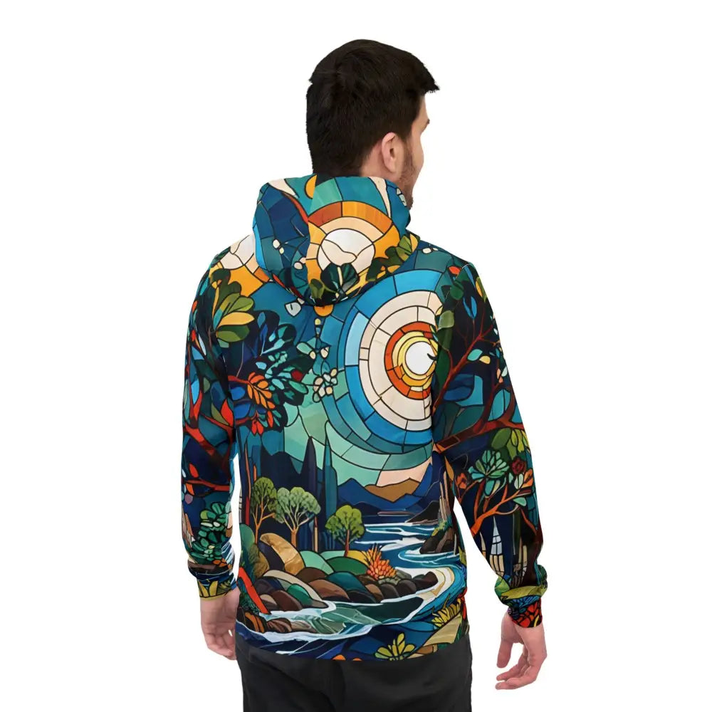 Colorful stained-glass-style hoodie from PixiOnyx Prism Realms Unisex Horizon collection