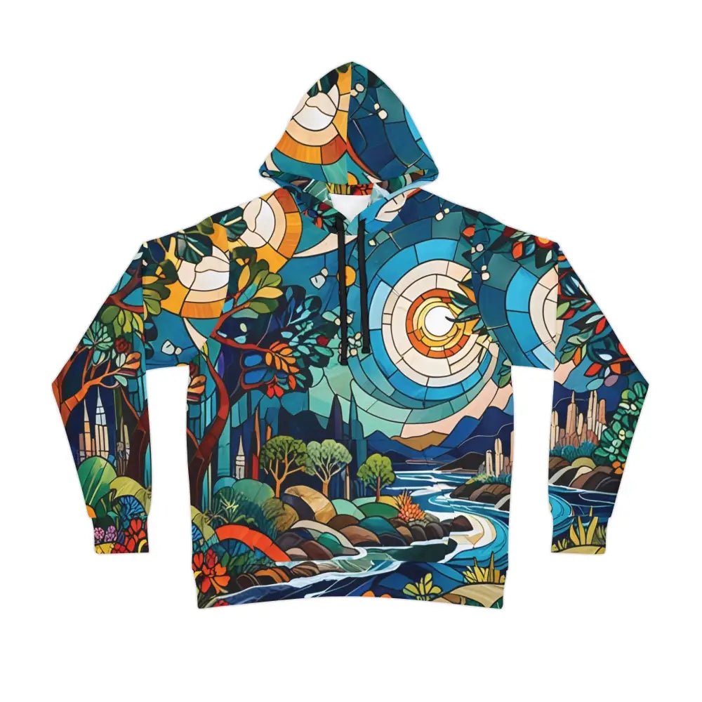 Colorful stained-glass-style unisex hoodie from PixiOnyx Prism Realms featuring psychedelic abstract naturewear