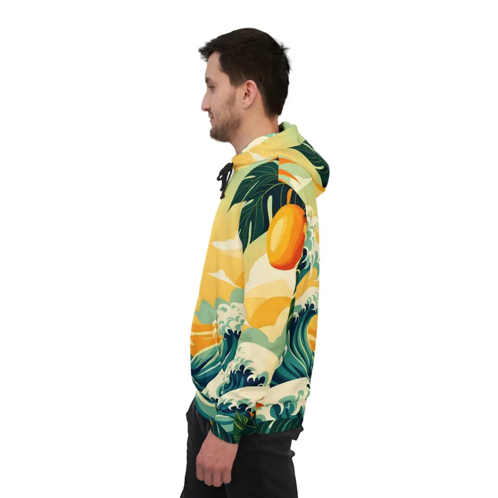 Man wearing a patterned hoodie from PixiOnyx Mango Coastwear Tropical Wave collection