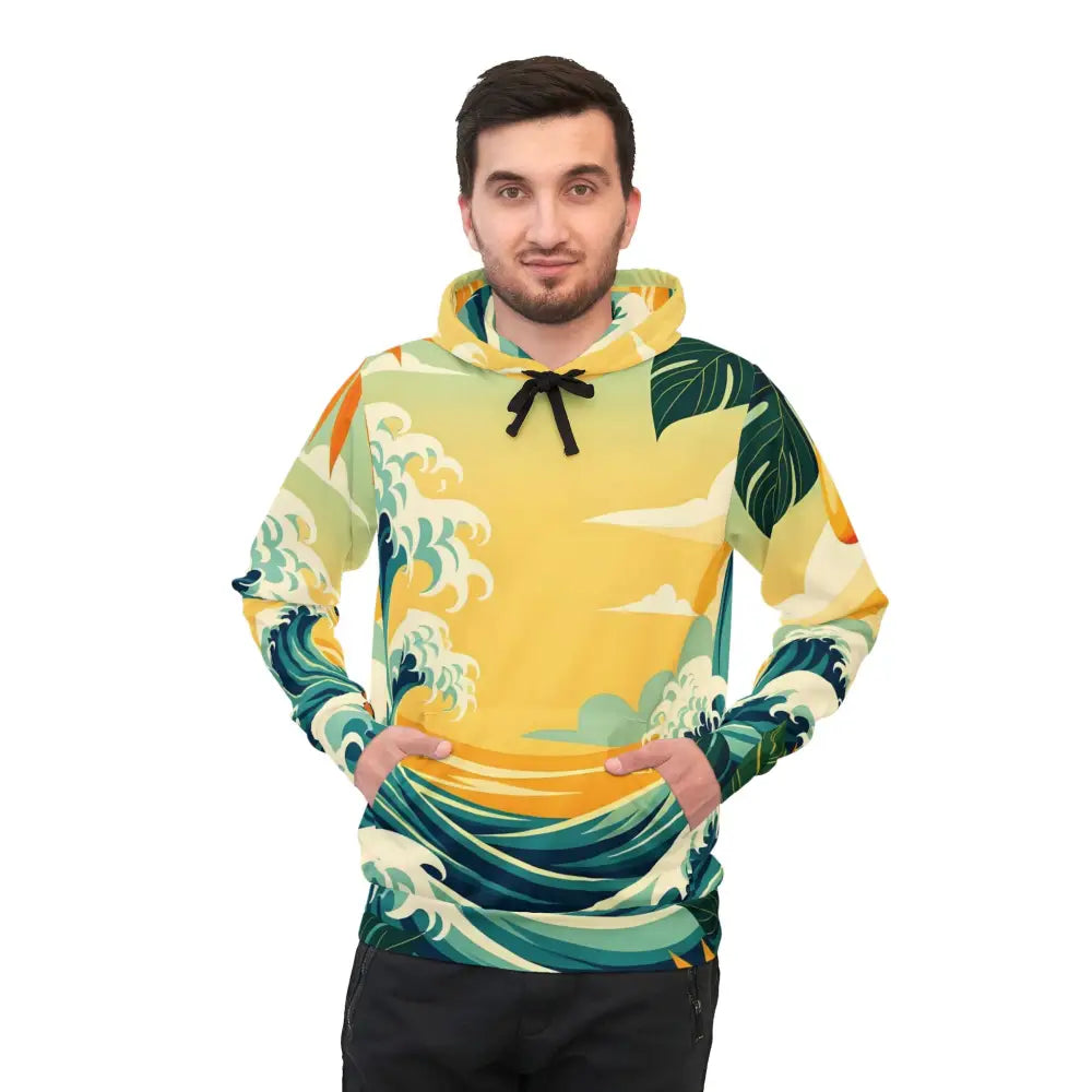 Man wearing a patterned hoodie from PixiOnyx Mango Coastwear Tropical Wave collection