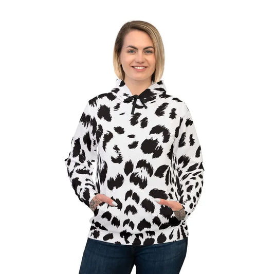 Woman wearing a black and white leopard print hoodie from PixiOnyx Streetcore Edition