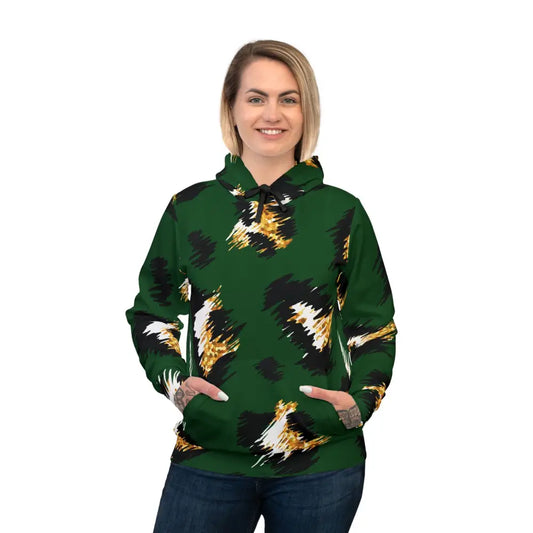 Green patterned unisex hoodie with wild cheetah burst design from PixiOnyx Junglecore Energy