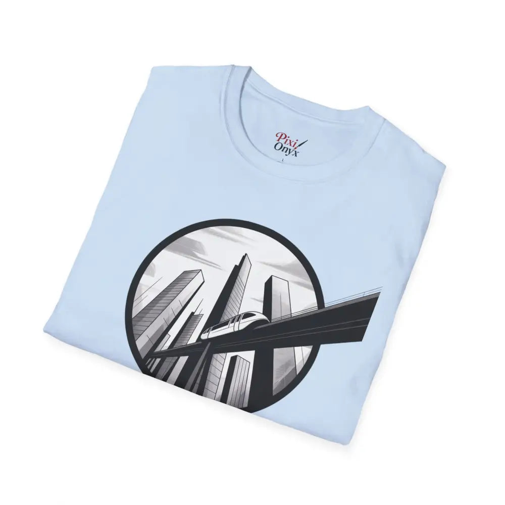 Light blue unisex softstyle t-shirt with cityscape graphic and ribbed knit collar