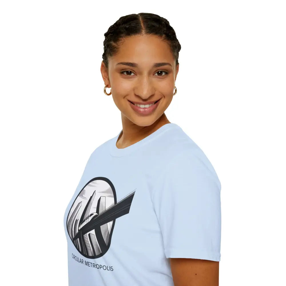 Woman wearing a unisex softstyle t-shirt with circular metropolis design and ribbed knit collar