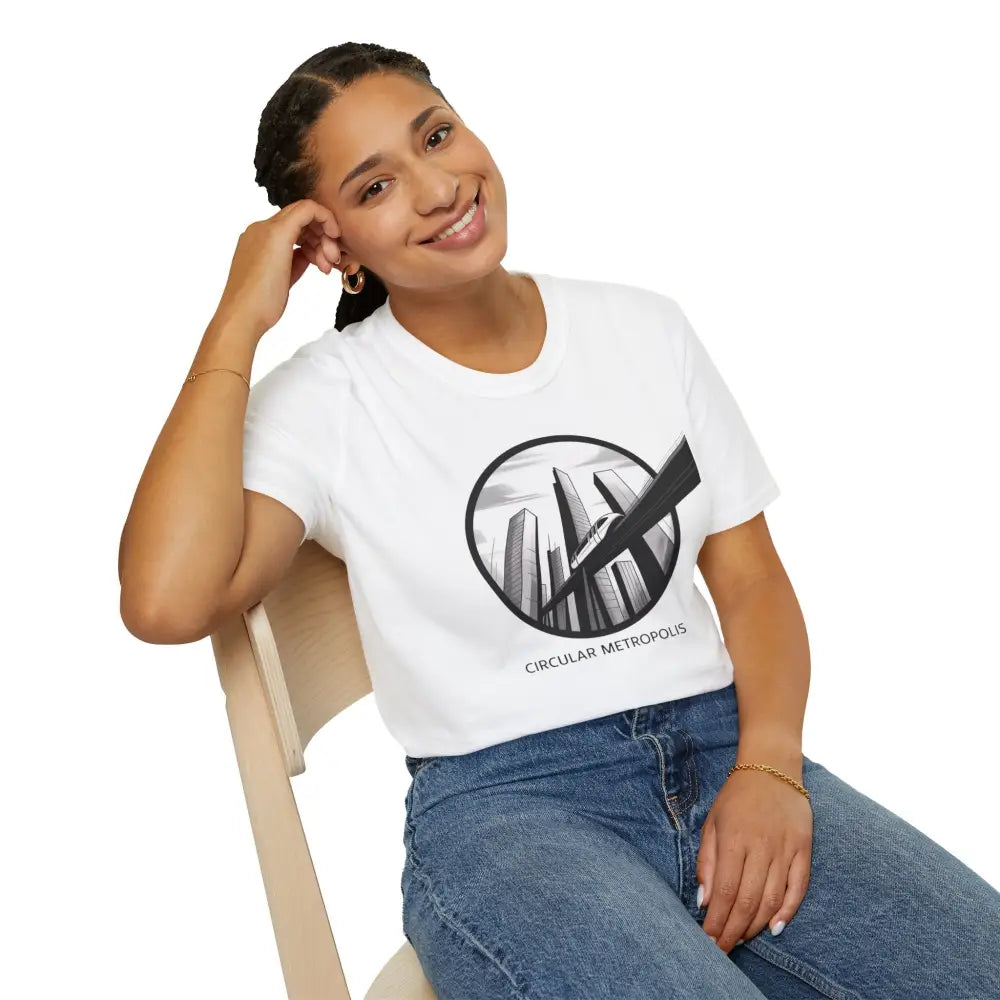 Woman wearing a white unisex softstyle t-shirt with Circular Metropolis graphic and ribbed knit collar