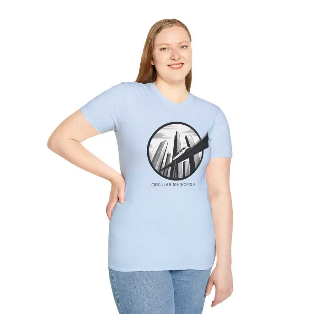 Woman wearing a unisex softstyle t-shirt with circular metropolis design, sustainable production