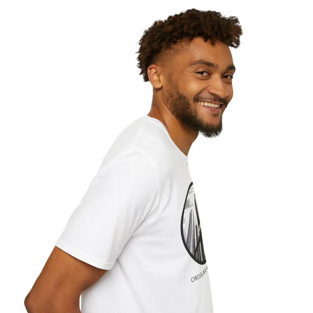 Man with beard and curly hair wearing urban graphic unisex softstyle t-shirt with ribbed knit collar