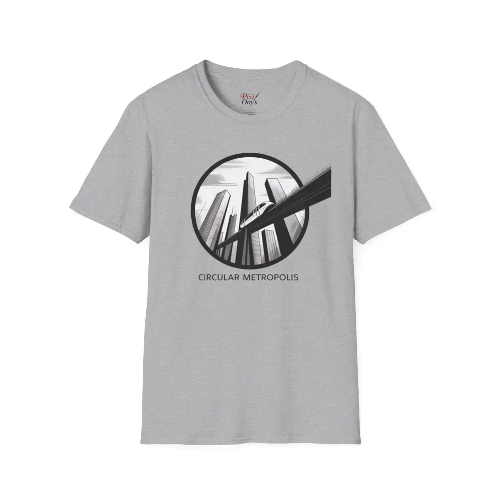 Light grey unisex softstyle t-shirt with circular metropolis cityscape graphic and ribbed knit collar