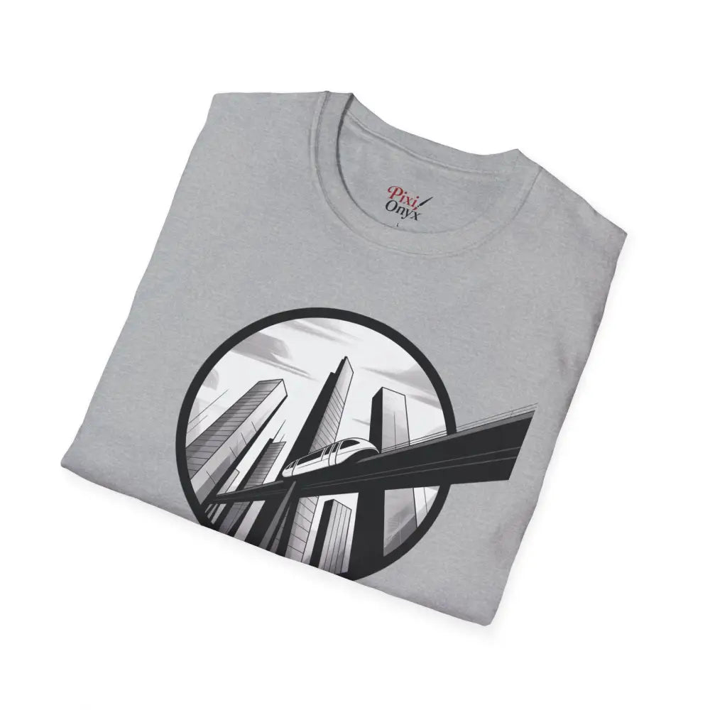 Folded light grey unisex softstyle t-shirt with circular metropolis cityscape graphic