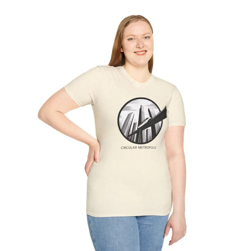 Young woman in unisex softstyle t-shirt with Circular Metropolis graphic and ribbed collar