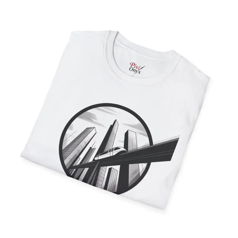 White unisex softstyle t-shirt with city skyline and train graphic, sustainable production
