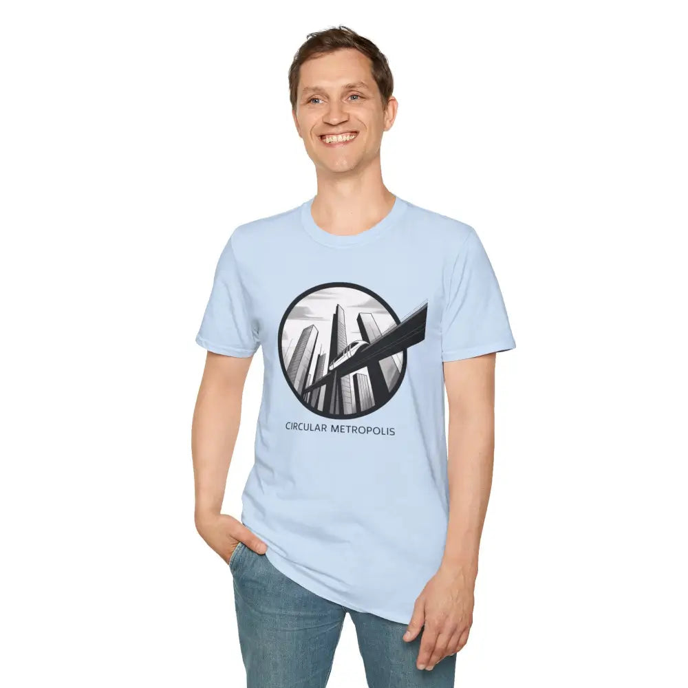Light blue unisex softstyle t-shirt with city skyline graphic and ribbed knit collar