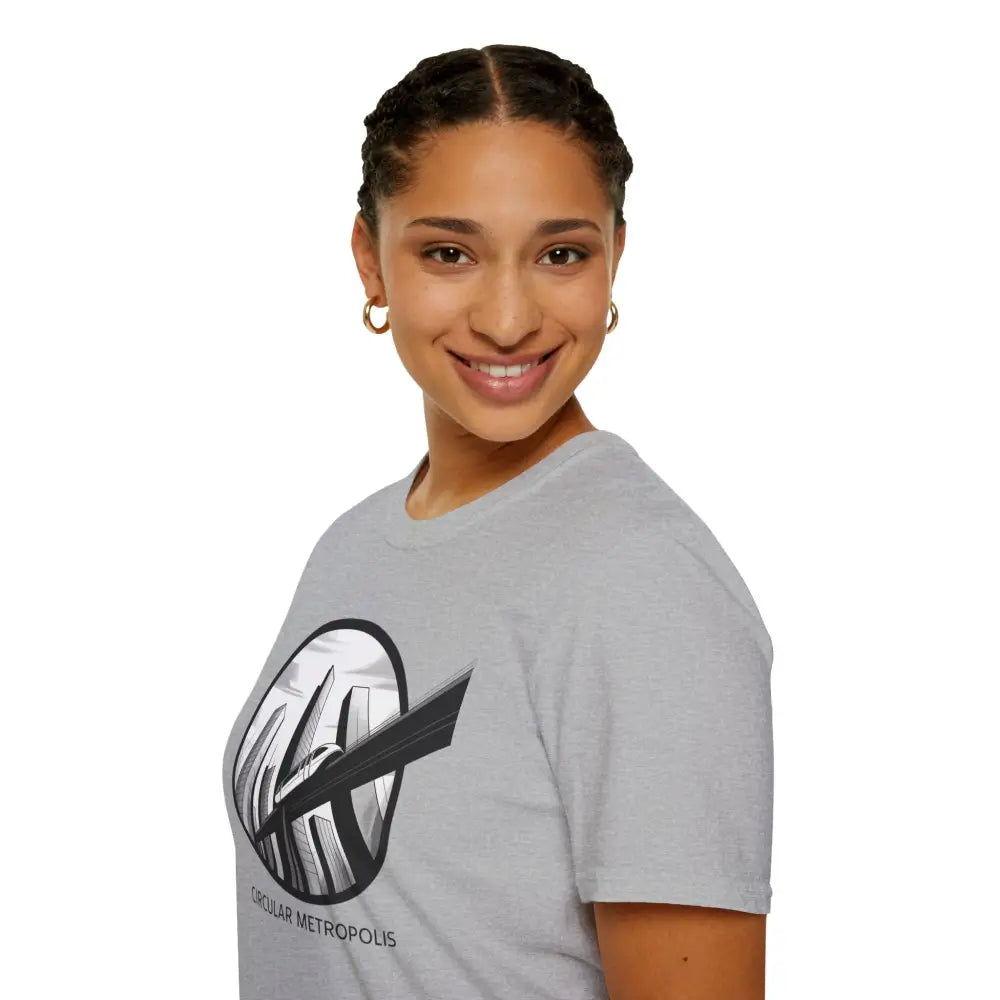 Smiling woman in urban graphic unisex softstyle t-shirt with ribbed knit collar and sustainable production