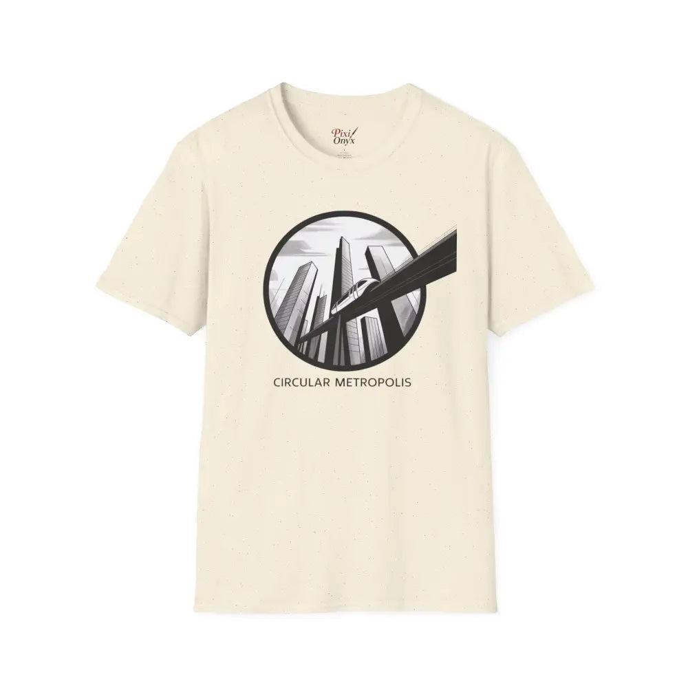 Cream-colored unisex softstyle t-shirt with Circular Metropolis skyscraper graphic, sustainable production