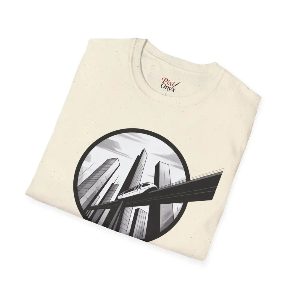 Folded cream-colored unisex softstyle t-shirt with cityscape graphic and ribbed knit collar