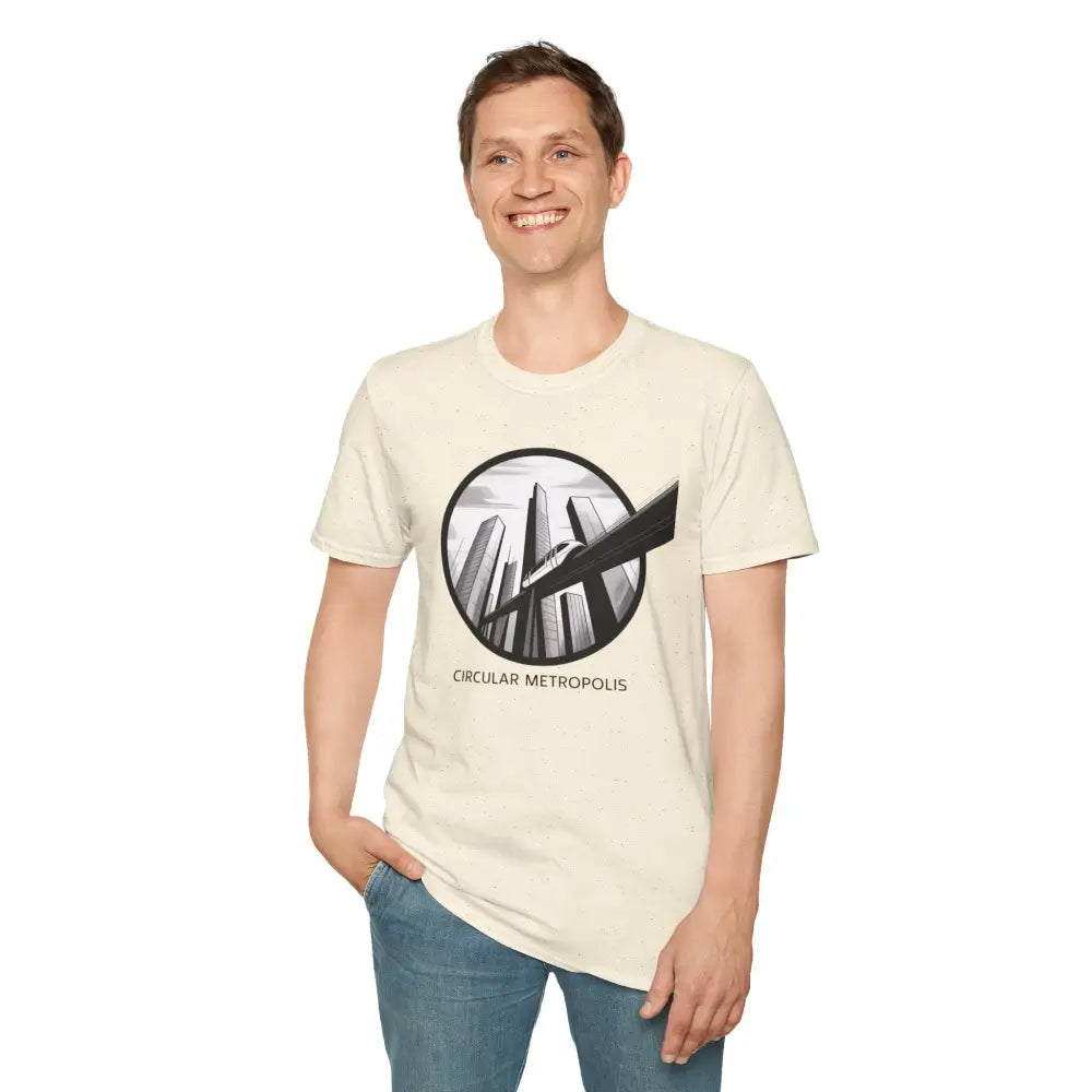Man wearing a cream-colored unisex softstyle t-shirt with circular metropolis graphic