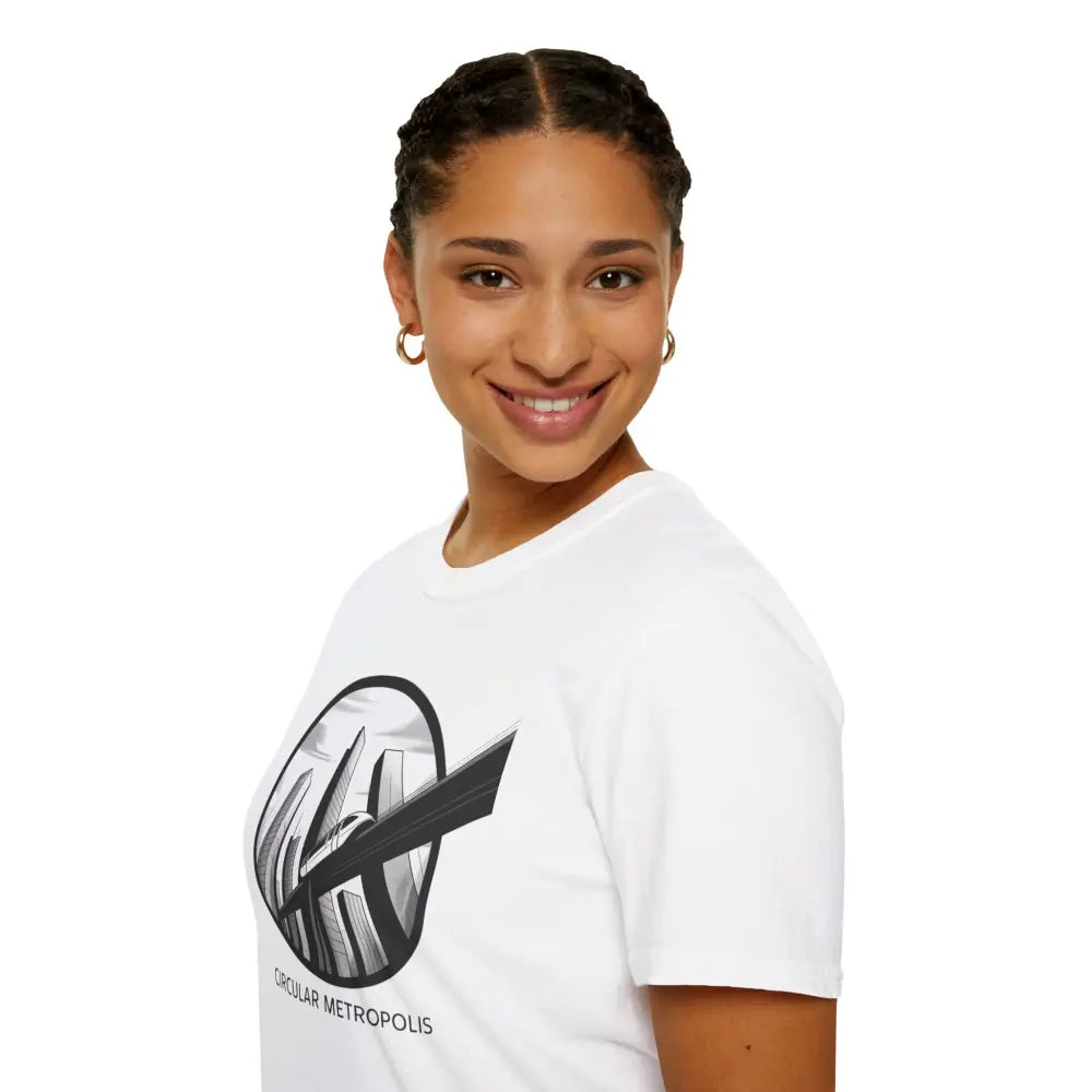 Young woman wearing a Circular Metropolis unisex softstyle t-shirt with ribbed knit collar