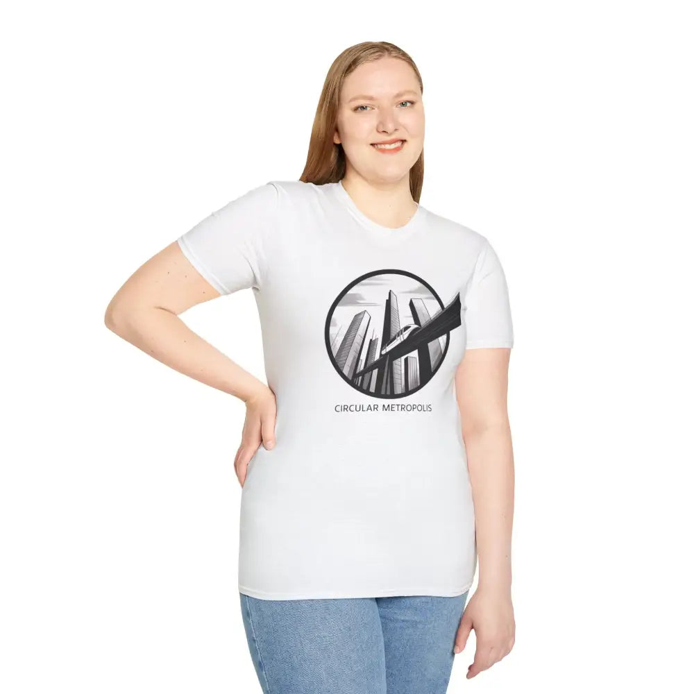 White unisex softstyle t-shirt with city skyscrapers graphic and Circular Metropolis print