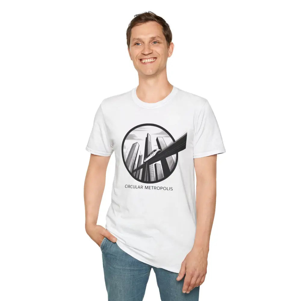 Smiling man in white unisex softstyle t-shirt with Circular Metropolis graphic, sustainable production
