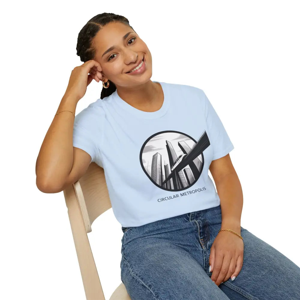 Light blue unisex softstyle t-shirt with circular metropolis cityscape design and ribbed knit collar