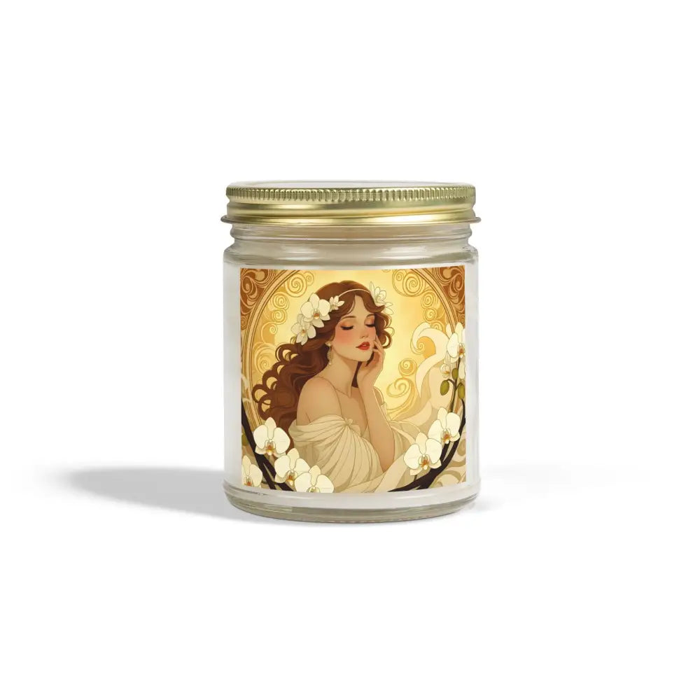 Vanilla Bean Scented Candle with Art Nouveau Woman Design in a decorative jar