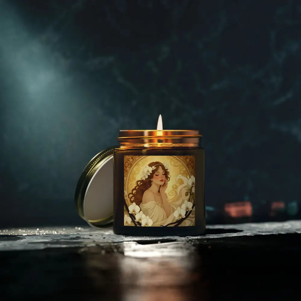 Art Nouveau floral-themed vanilla bean scented candle with a woman design from PixiOnyx