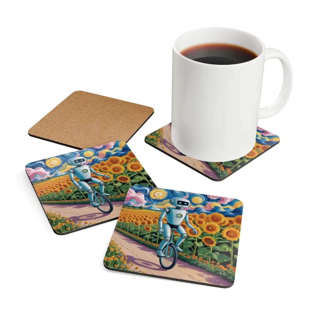 Vibrant Robot Coaster Set with whimsical robot design for home decor, gently wipe clean