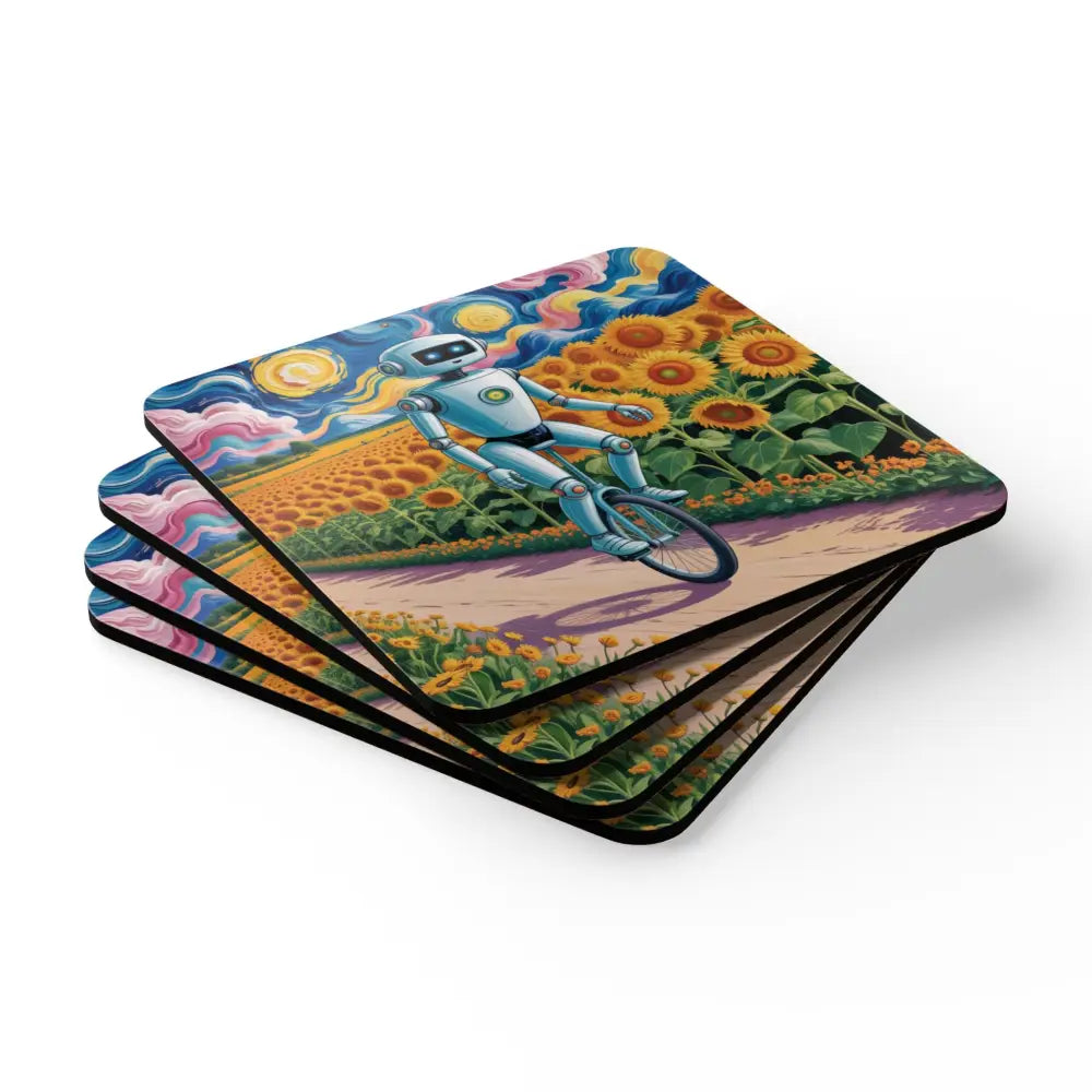 Vibrant Robot Coaster Set featuring whimsical robot riding bicycle among sunflowers, perfect for home decor and gently wipe with dry microfiber cloth