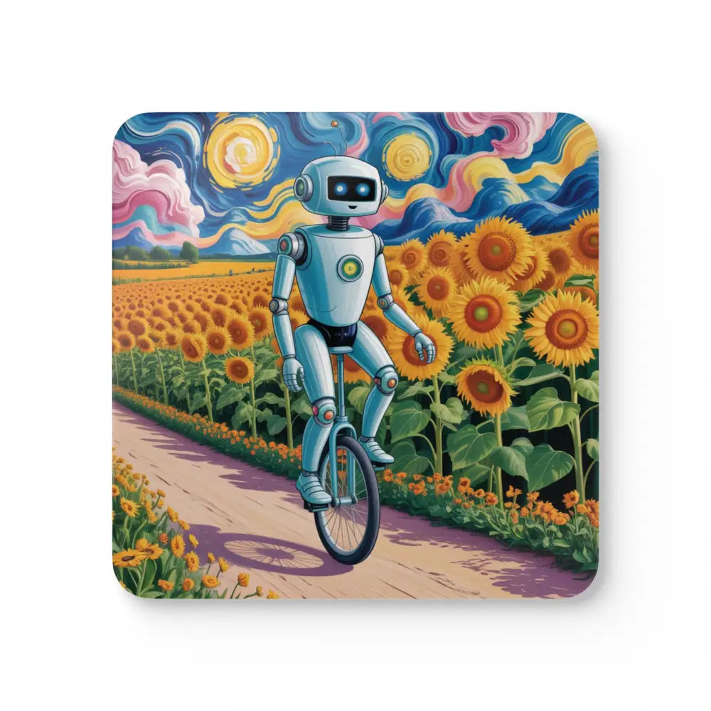 White robot riding a unicycle coaster from Vibrant Robot Coaster Set, perfect for home decor
