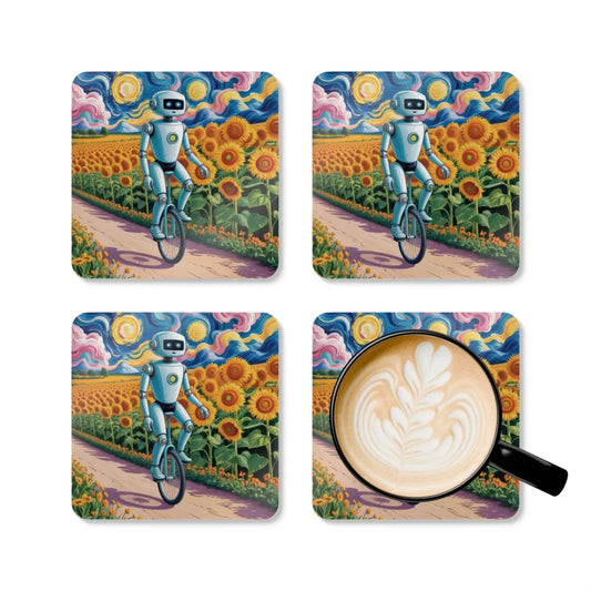 Four Vibrant Robot Coasters with sunflower field and latte art designs for home decor