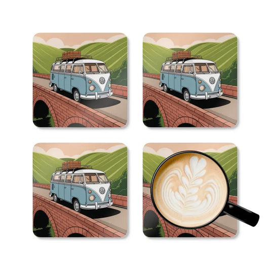 Vintage Camper Coaster Set with retro van and latte art, easy to clean with dry microfiber cloth