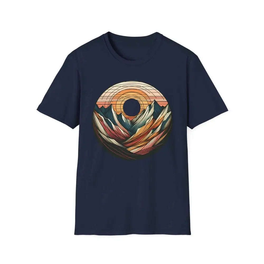 Dark blue vintage mountain vibes softstyle t-shirt with sunset graphic and elastic ribbed collar