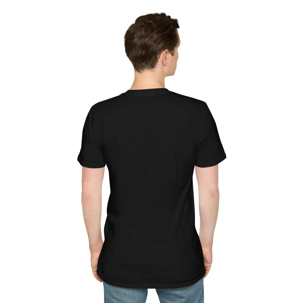 Black softstyle t-shirt designed with elastic ribbed collar on a person for Vintage Mountain Vibes