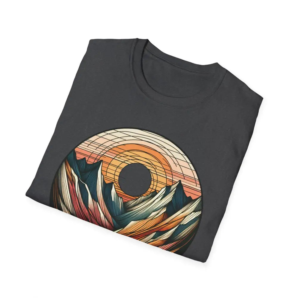 Dark gray Vintage Mountain Vibes softstyle t-shirt with colorful mountain and sunset graphic