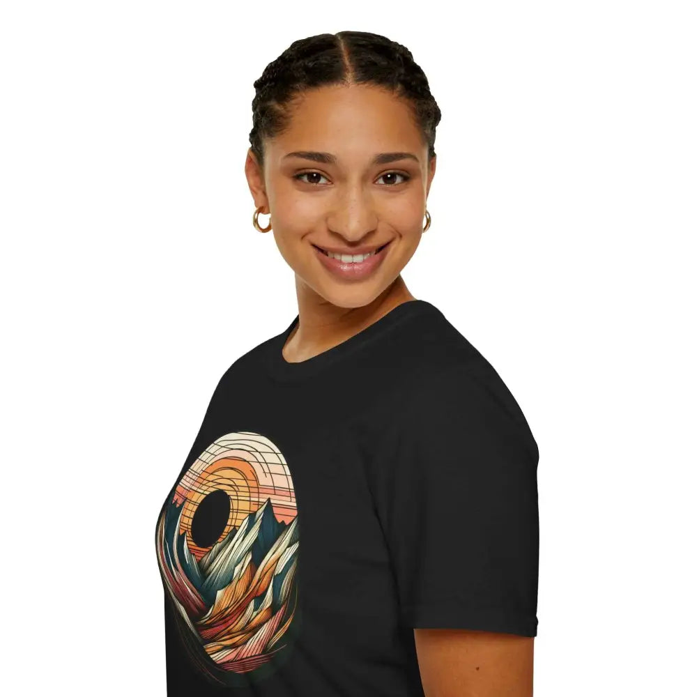 Smiling woman wearing a vintage mountain vibes softstyle t-shirt with elastic ribbed collar