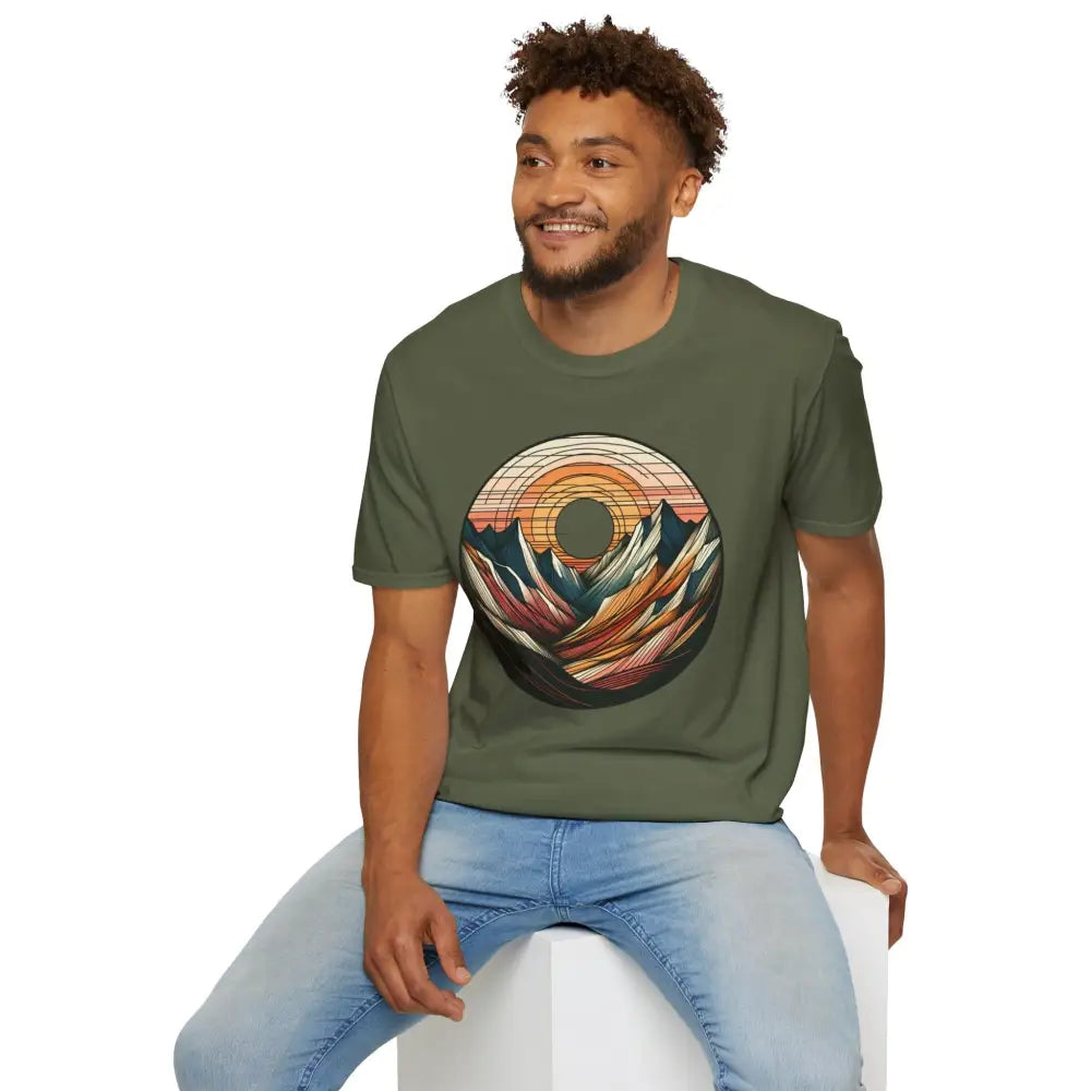Men’s olive green softstyle t-shirt with mountain sunset graphic and elastic ribbed collar
