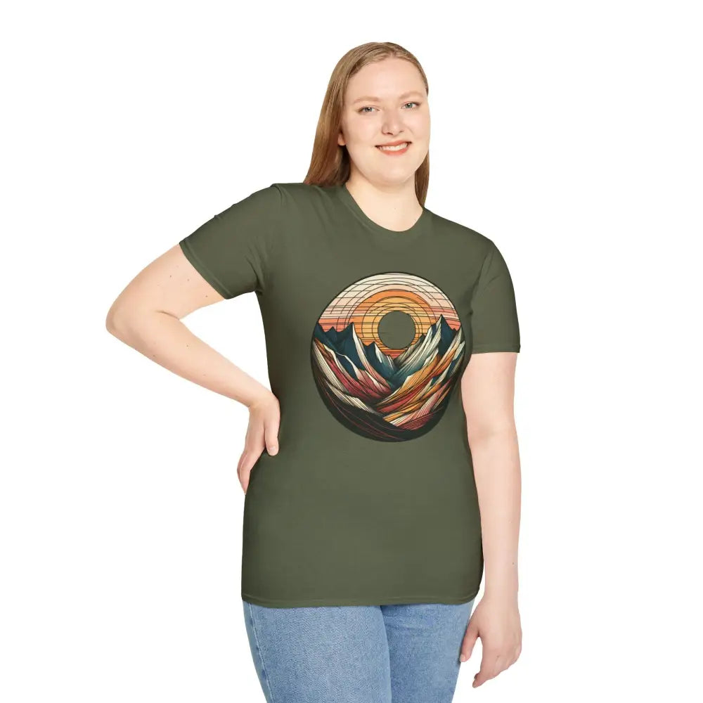 Woman wearing a dark green vintage mountain vibes softstyle t-shirt with elastic ribbed collar