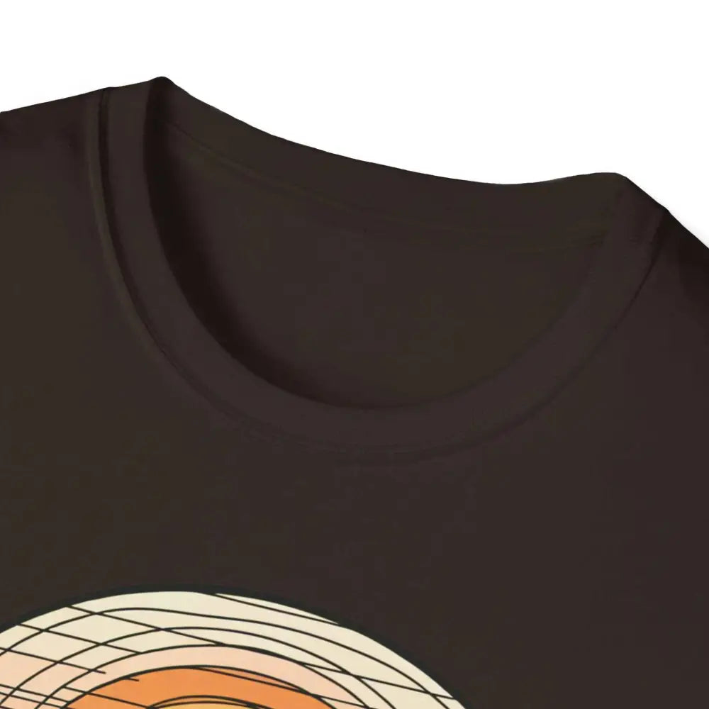 Dark brown softstyle t-shirt designed with graphic art and elastic ribbed collar for comfort