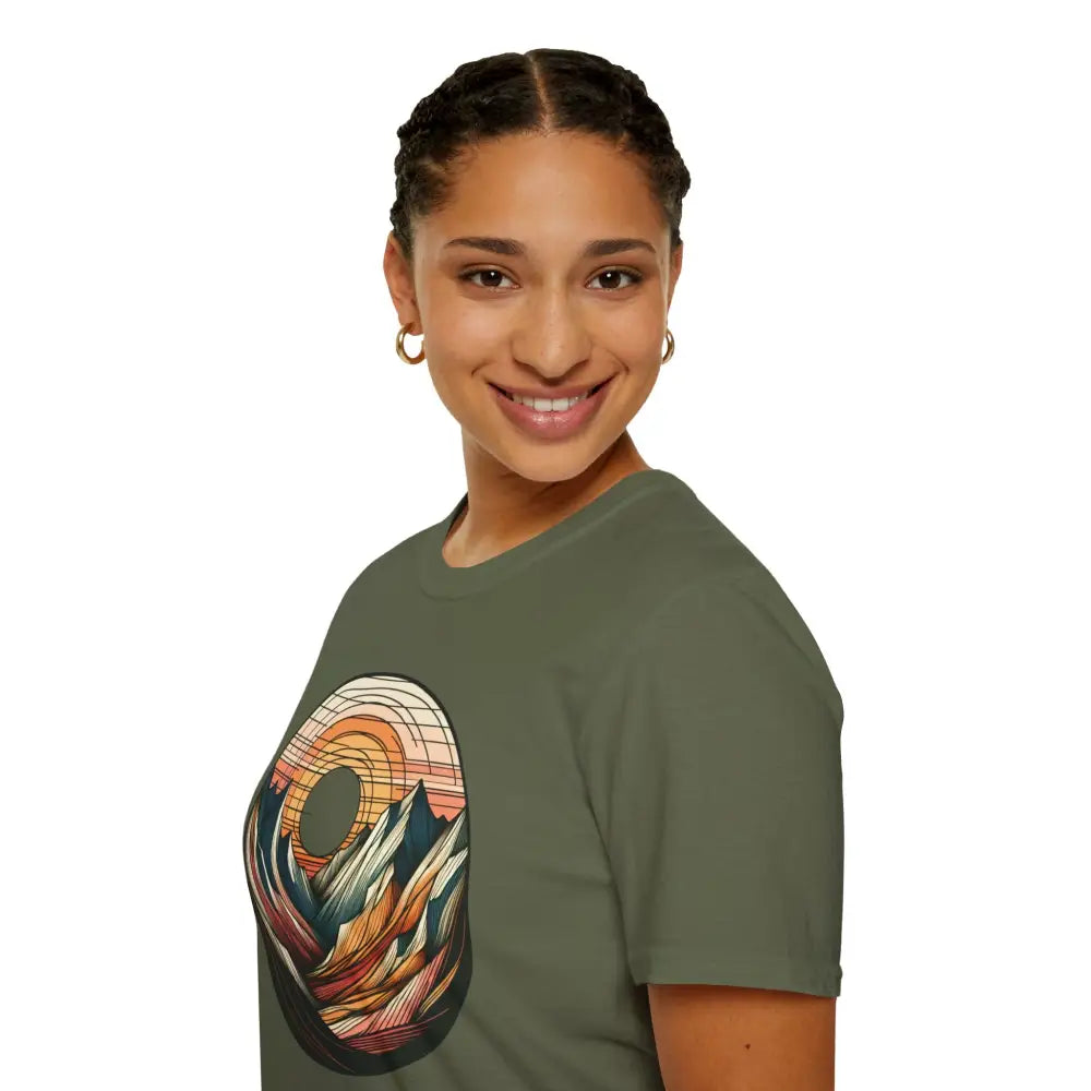Woman in sage green softstyle t-shirt designed to reduce fabric waste with elastic ribbed collar