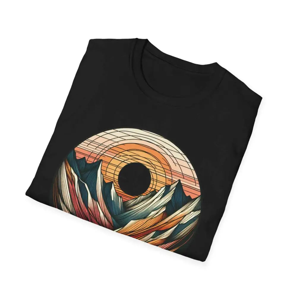 Black softstyle t-shirt designed with colorful mountain sunset, elastic ribbed collar, eco-friendly fabric