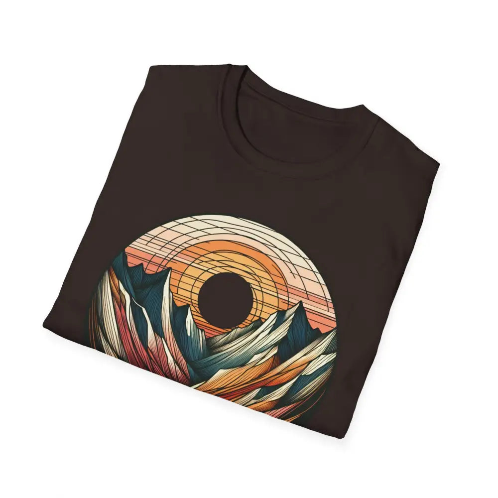 Dark brown vintage mountain vibes softstyle t-shirt designed to reduce fabric waste with elastic ribbed collar